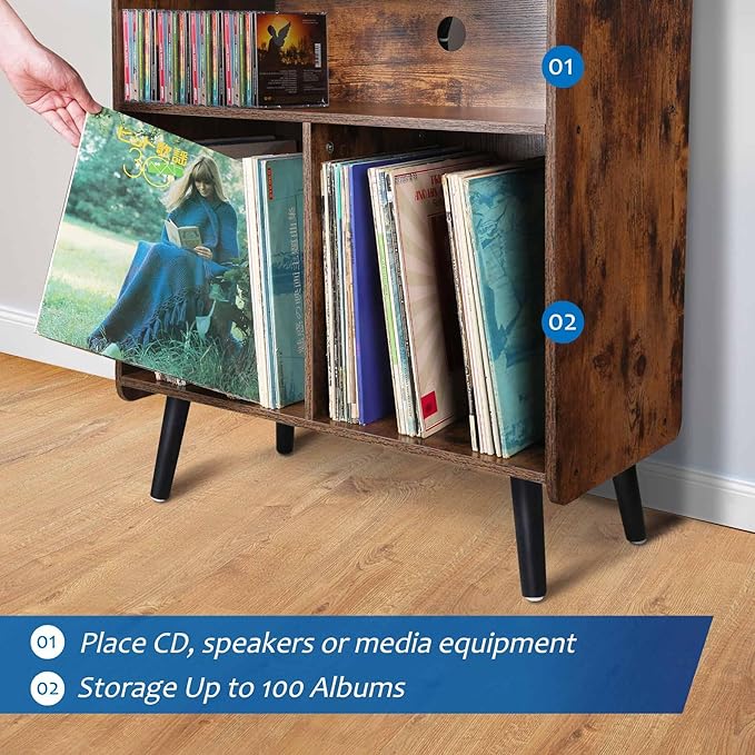 3-Tier Vintage Record Player Stand, Mid-Century Vinyl Record Storage Cabinet Table Holds up to 100 Albums, Large Wood Turntable Stand for Living Room, Office, Rustic Brown