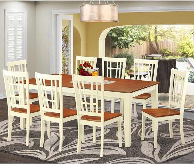 East West Furniture QUNI9-WHI-W 9 Piece Dining Set Includes a Rectangle Dining Table with Butterfly Leaf and 8 Kitchen Chairs, 40x78 Inch, Buttermilk & Cherry