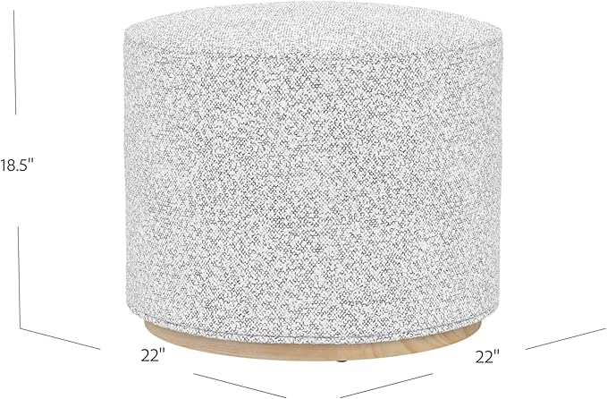 Bouclé Ottoman with Wooden Base – 22” Round Upholstered Footrest, Cream Bouclé with Gray Yarns, Modern Accent Stool for Living Room & Bedroom
