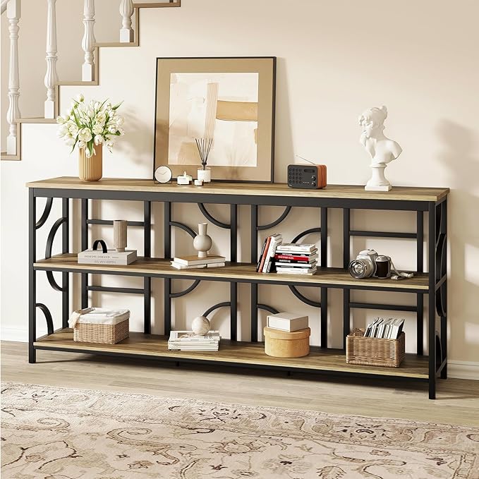 70.9-Inch Industrial Sofa Table, Extra Long Console Table Behind Couch with 3-Tier Storage Shelves, Rustic Brown Finish for Entryway, Living Room, Foyer, Hallway, and Office