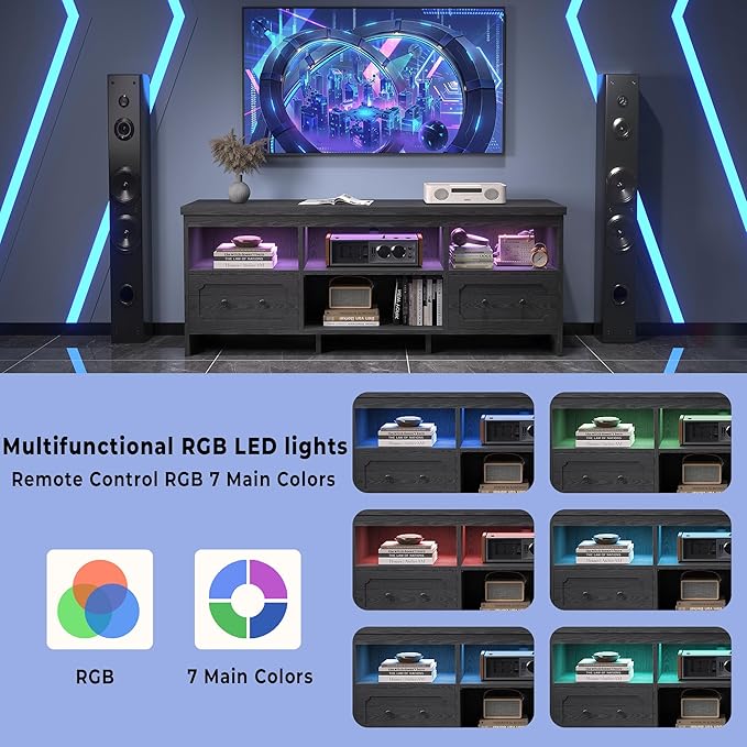 IRONCK TV Stand for 65 Inch TV, 55" LED Entertainment Center with Storage Cabinets, Power Outlets and Open Shelf, Media Console TV Cabinet with Drawers for Living Room, Black