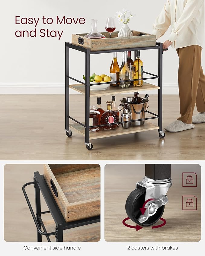 VASAGLE Kitchen Serving Cart with Removable Tray, 3-Tier Kitchen Utility Cart on Wheels with Storage, with Brakes, Leveling Feet, 15.7 x 28.3 x 33.9 Inches, Turquoise Brown and Ink Black ULRC072K60