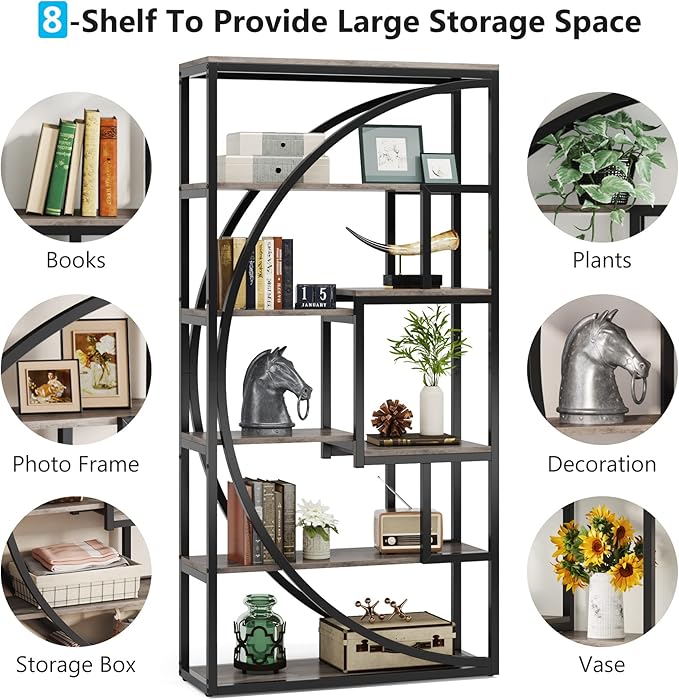 Tribesigns Bookshelf, Industrial 5-Tier Etagere Bookcase, 70.8 inch Tall Bookshelf with 8 Open Storage Shelf, Book Shelf Display Tack Shelving Unit for Home Office Living Room, Vintage Grey