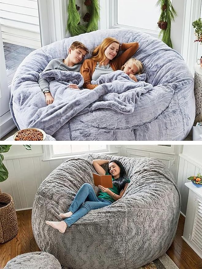 Bean Bag Chair for Adults Kids Without Filling Comfy Fluffy Round Beanbag Lazy Sofa Cover for Reading Chair Floor Chair, 3.5FT, Light Blue