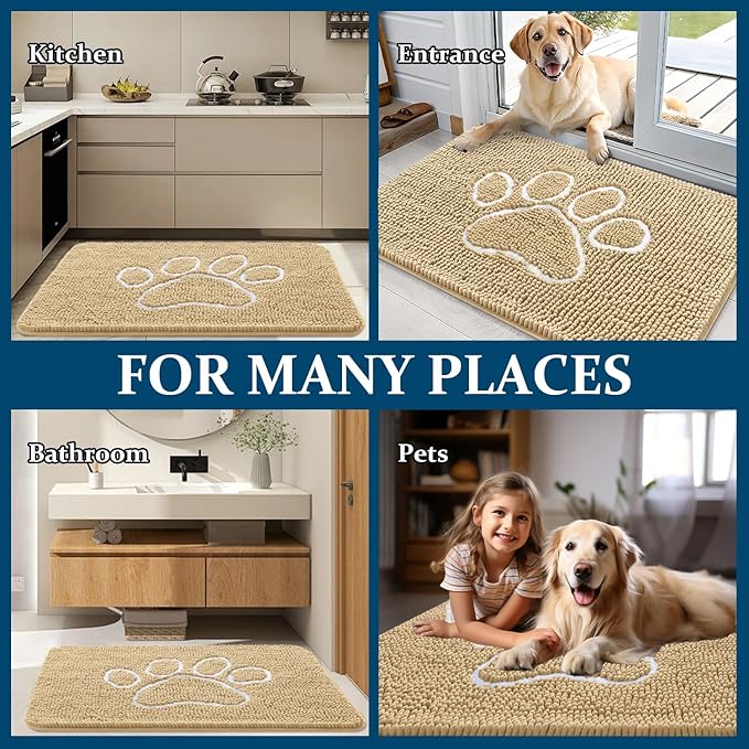 OLANLY Door Mat for Muddy Dog Paws 59x35, Ultra Absorbent Chenille Mud Doormat with Paw Print Design, Non-Slip Washable Doormat for Indoor Entryway, Quick-Dry Pet Bed Mats for Dirty Dogs, Beige