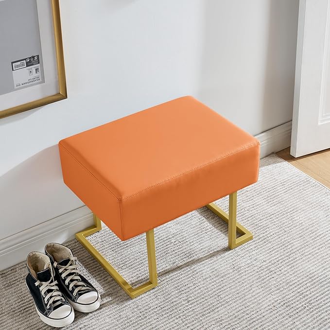 Modern Style Bedroom Single Seat Bench, Cushioned Bed end Stool, Living Room Sofa Stool, Footstool with Golden Iron Legs, Suitable for Bedroom and Living Room (Orange, 21.65"x15.74"X16.53")