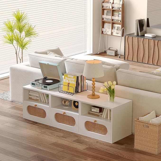 3-in-1 Modular TV Stand with Rattan Doors, DIY Media Console Boho Entertainment Center Modern TV Cabinet with Open Shelves,White