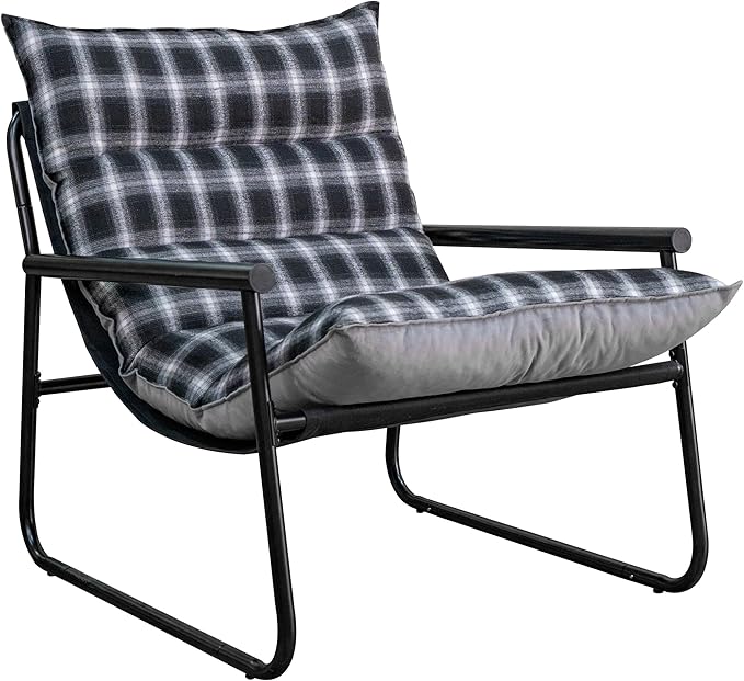Plush Modern Accent Chair Single Comfy Chair for Bedroom — Ergonomic Lounge Chair with Stylish Upholstery, Space-Saving Design & Easy Assembly Plaid & Grey
