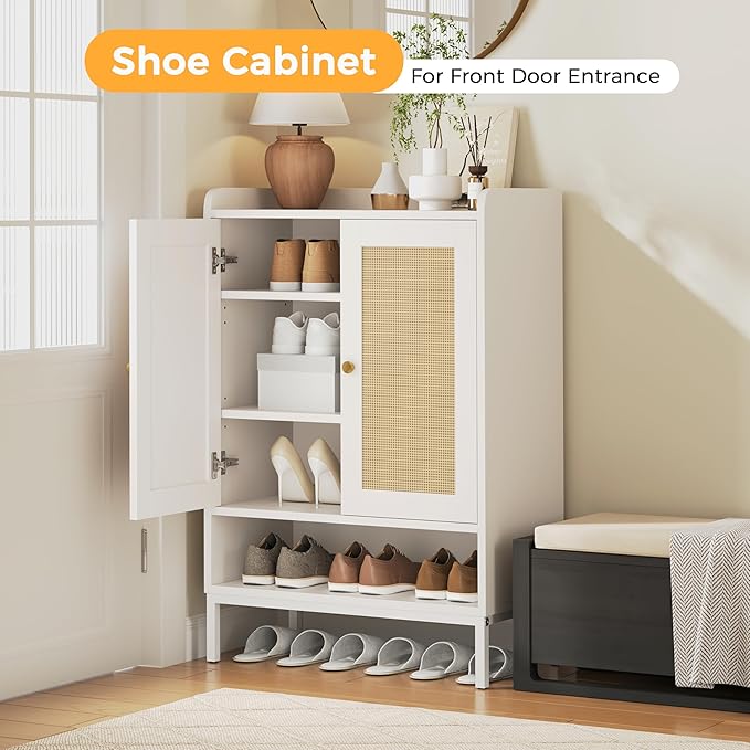 Rattan Shoe Cabinet Storage for Entryway, Shoe Cabinet with Adjustable Shelves for Entryway, 5-Tier, 20 Pair Shoe Rack Storage for Hallway, Closet, Living Room, White