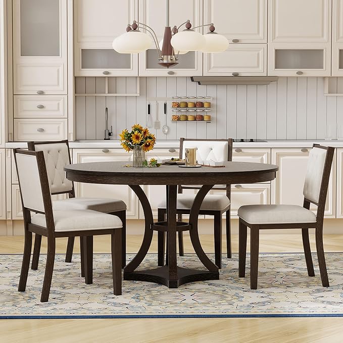 Ball & Cast Retro Dining Table Set for 4 with 4 Upholstered Chairs,5-Piece Wooden Living Room Furniture W/ 42" Round Extendable Kitchen Desk,for Small Space,Apartment,Dining Room,Espresso