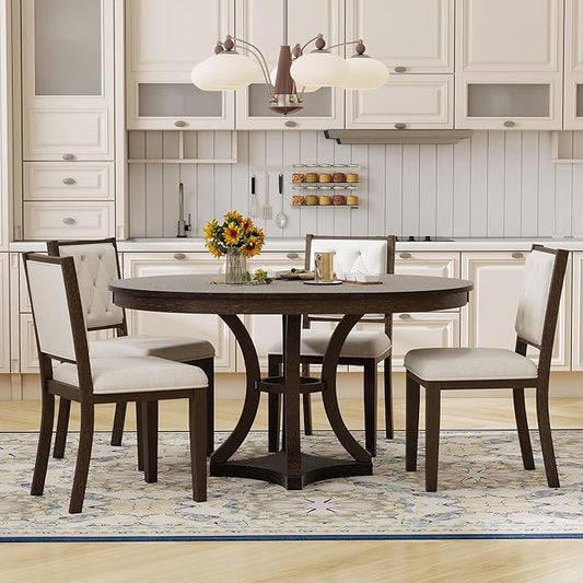 Ball & Cast Retro Dining Table Set for 4 with 4 Upholstered Chairs,5-Piece Wooden Living Room Furniture W/ 42" Round Extendable Kitchen Desk,for Small Space,Apartment,Dining Room,Espresso