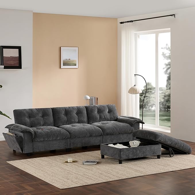 Mreax L-Shape Sectional Sofa with Movable Storage Ottoman and Multifunctional Armrest, 4 Seater Oversized Chenille Upholstered Cloud Couch for Living Room, Apartment, Unique Tufted Design, Dark Gray