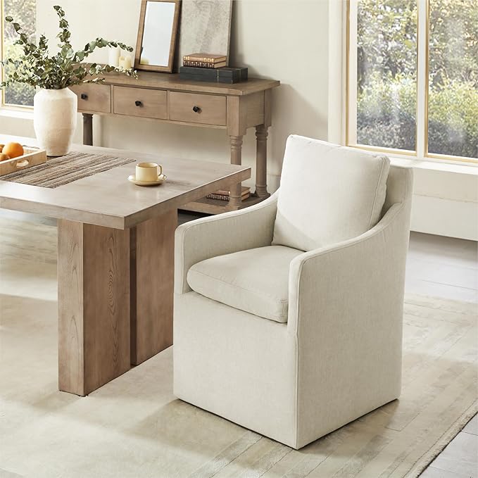 Upholstered Dining Chairs with Casters No Assembly Modern Accent Armchair with Rollers for Diningroom Bedroom Livingroom Reading Room,Cream,2 Boxs