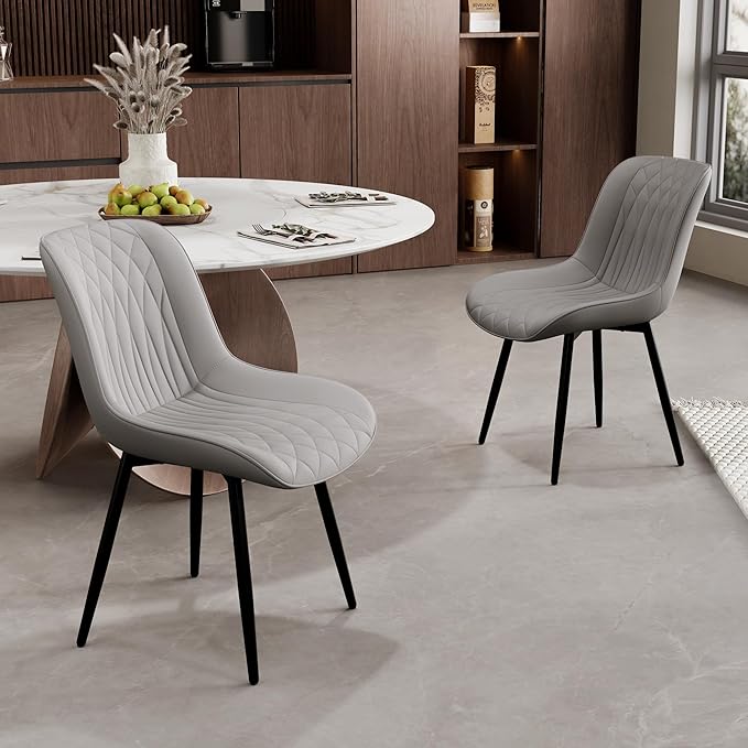 YOUNIKE Dining Chairs Set of 2 with High Backs Grey Mid Century Modern Kitchen & Dining Room Chairs PU Faux Leather Upholstered Wide Seat Accent Chair Comfortable Large Padded Side Living Room Chairs