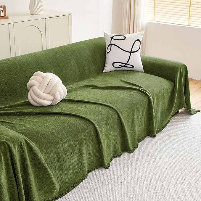 hyha Couch Cover for Dogs, Boho Sofa Covers for 3 Cushion Couch Washable, Chenille Sofa Slipcover for Pets, Soft Loveseat Sectional Couch Throw Blankets with Tassels (Green, 88.5x134 Inch)