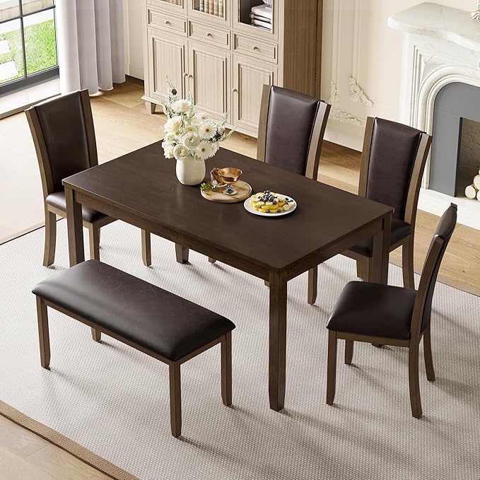 Ball & Cast 6 Piece Dining Table Set with 4 Upholstered Chairs & 1 Bench,Farmhouse Wooden Living Room Furniture for 6 W/ 58.5" Rectangle Kitchen Desk,for Restaurant,Home Bistro,Dining Room,Dark Walnut