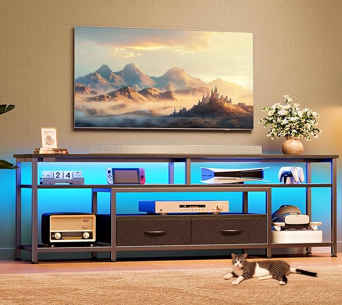Huuger TV Stand for 65 70 Inch TV, Entertainment Center with Power Outlets and LED Lights, TV Console for Living Room, Media Console with Drawers and Shelves, Black