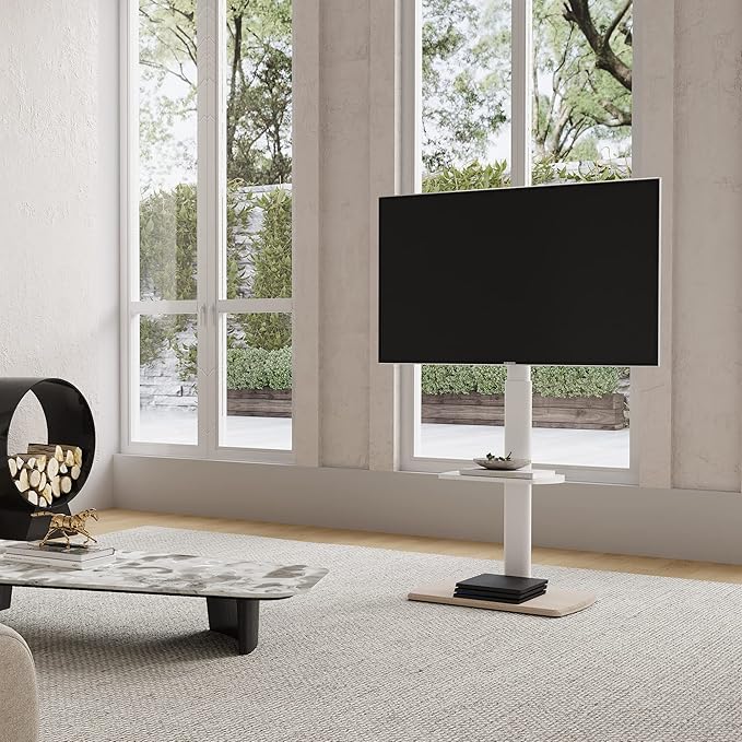 FITUEYES Floor TV Stand Tall for Living Room, Bedroom, Corner TV Stands for TVs up to 70 Inch Swivel TV Mount Stand with Height Adjustable Shelf Upgrade Sturdy Wood Base White