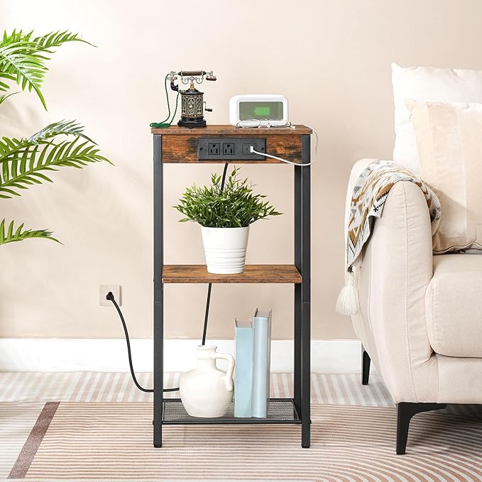 HOOBRO Tall End Table with Charging Station, 30 Inch Tall Nightstand, 3-Tier Side Table with Storage Shelves, for Living Room, Bedroom, Hallway, Rustic Brown BF09UDH01G1