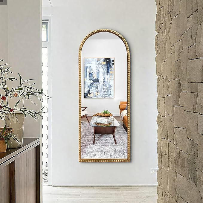 Vintage Full Length Wall Mirror, Large Gold Arch Floor Mirror 20"X53" with Antique Beaded Metal Frame for Dresser Living Room, Decorative Mirrors for Entryway Hallway Bathroom