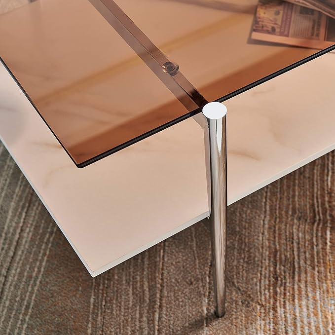 AGV LIGHTING Tadio Glass Coffee Table, Mid-Century Modern Coffee Table for Living Room, Chrome Finish Leg, Coffee Brown Glass Top & Faux Marble Wood Shelf, 41 in