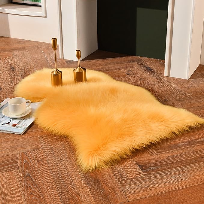 duduta Yellow Faux Sheepskin Throw Rug 2x3 ft, Fluffy Shag Fur Chair Cover Small Bedside Dorm Rug Non Slip Machine Washable