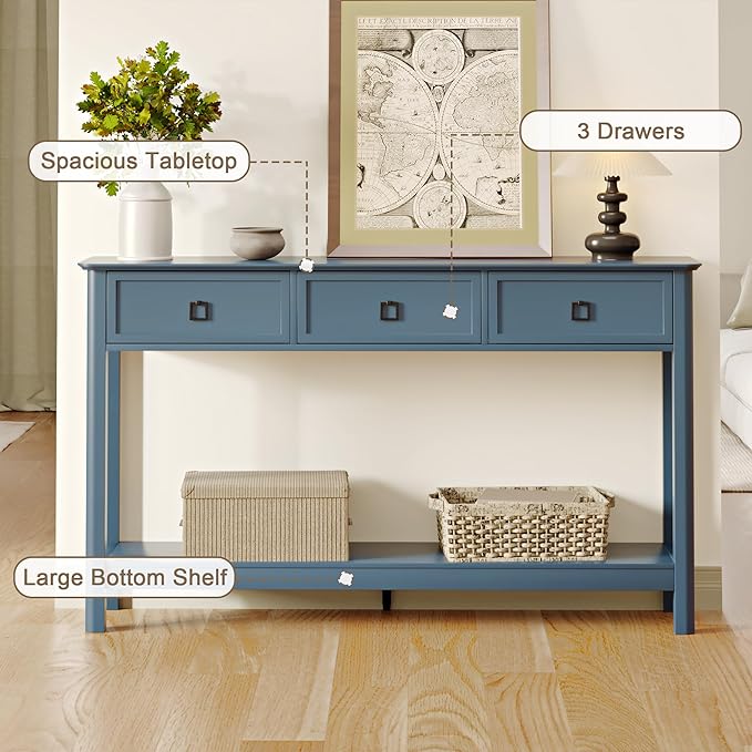 Treocho 53.1" Console Table with 3 Drawers, Modern Entryway Table, 2-Tier Narrow Long Sofa Table Behind Couch Table for Living Room, Hallway, Blue