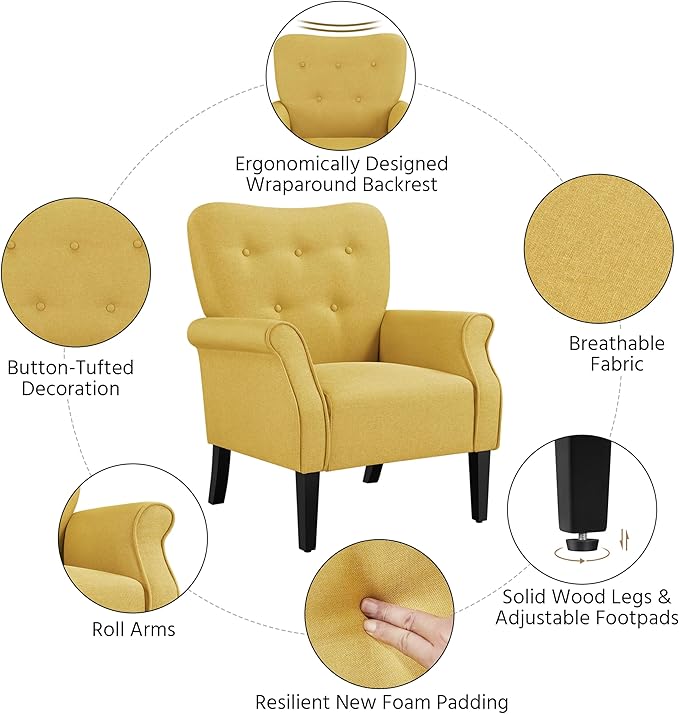 Yaheetech Modern Armchair, Mid Century Accent Sofa Chair with Sturdy Wood Legs and High Back, Upholstered Fabric Sofa Club Chair for Living Room/Bedroom/Office, Yellow