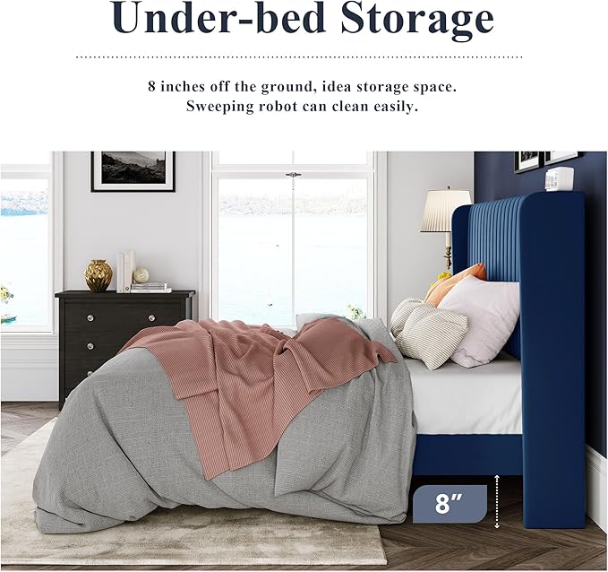 Allewie Queen Size Velvet Bed Frame/Vertical Channel Tufted Wingback Headboard/Upholstered Platform Bed/Strong Wooden Slats/No Box Spring Needed/Easy Assembly/Dark Blue