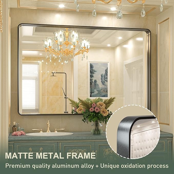 TokeShimi Black Bathroom Mirror for Wall Vanity Mirror with Non-Rusting Aluminum Alloy Brushed Matte Metal Frame for Modern Minimalist Farmhouse Home Decor (Horizontal/Vertical) (55x 36 Inch)