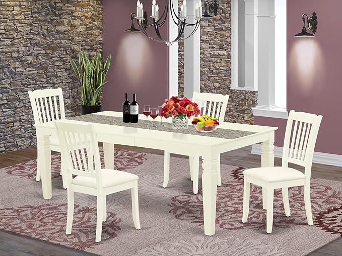 East West Furniture LGDA5-LWH-C 5 Piece Dining Room Table Set Includes a Rectangle Kitchen Table with Butterfly Leaf and 4 Linen Fabric Upholstered Dining Chairs, 42x84 Inch, Linen White