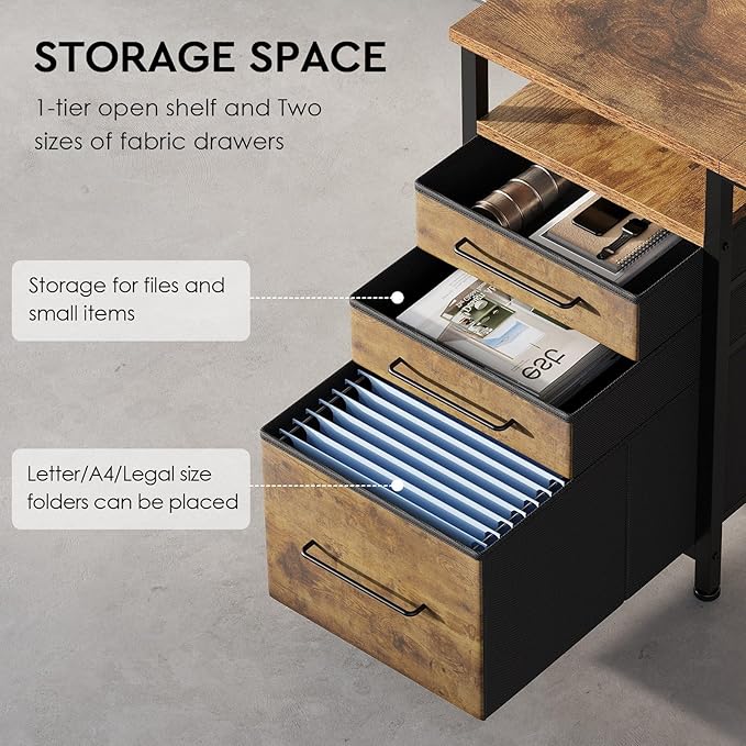 Ｍａｉｈａｉｌ 59" Computer Desk with 3 Fabric Drawers and Wooden Shelves for Home Office, Study, Bedroom, Work-from-Home Games & Desk, Rustic Brown