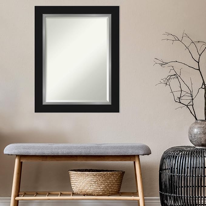 Amanti Art Black Bathroom Mirror for Over Sink, 30x24 Eva Black Silver Rectangle Vanity Mirror, Medium Modern Contemporary Frame, Hangs Horizonally and Vertically, Bathroom Wall Decor, Beveled Edge