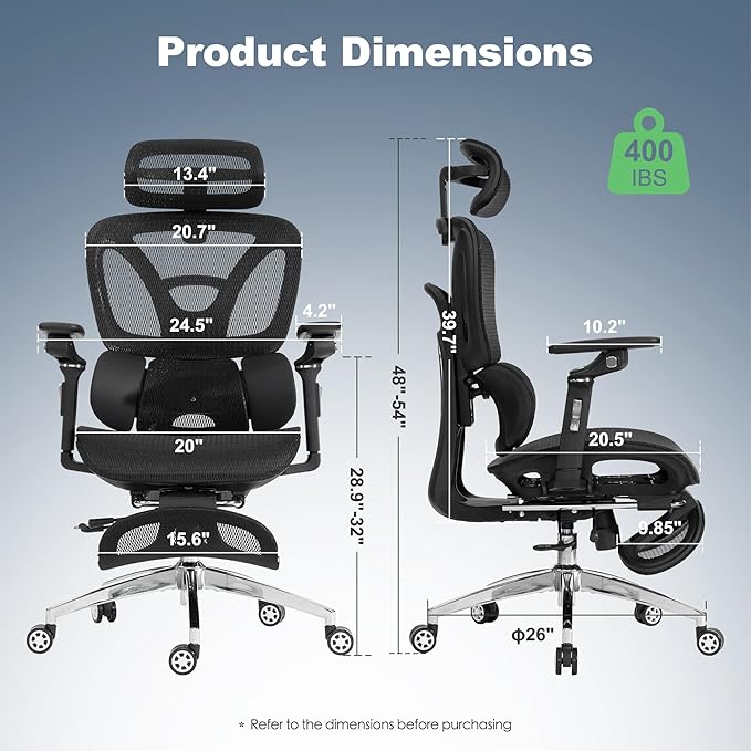 Ergonomic Mesh Office & Gaming Chair with Footrest, High Back Home Office Desk Chair, Comfortable 3D Lumbar Support, 130° Tilt, Adjustable Seat Depth, Adjustable 6D Armrest & 3D Headrest