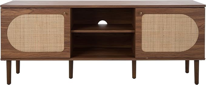 SAFAVIEH Claude TV Stand for up to 65" Flatscreen – Walnut, 2 Sliding Doors with Interior Storage, 2 Open Shelves, Entertainment Media Console (MED9610A)