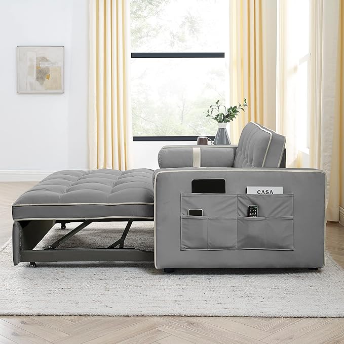 ERYE 3 in 1 Tufted Sleeper Sofa Bed with Cylindrical Pillows,Modern Convertible Loveseat Sofá W Pull Out Sleep Couch Bed and Side Pockets,Velvet Upholstered Love Seat Sofabed for Living Room