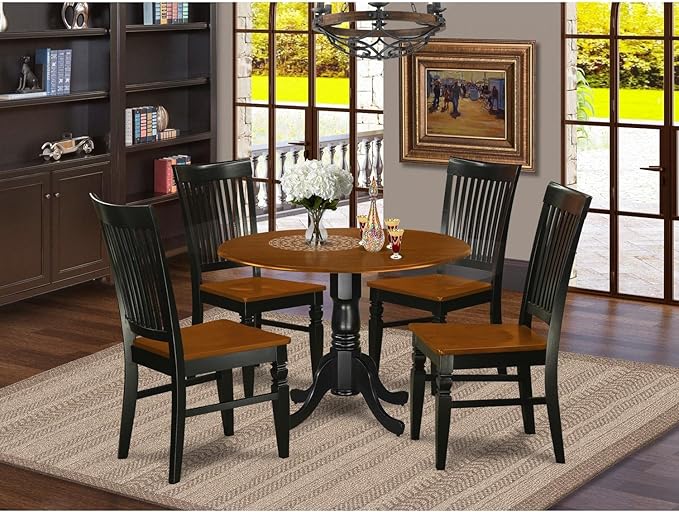 East West Furniture DLWE5-BCH-W 5 Piece Kitchen Table & Chairs Set Includes a Round Dining Room Table with Dropleaf and 4 Solid Wood Seat Chairs, 42x42 Inch, Black & Cherry