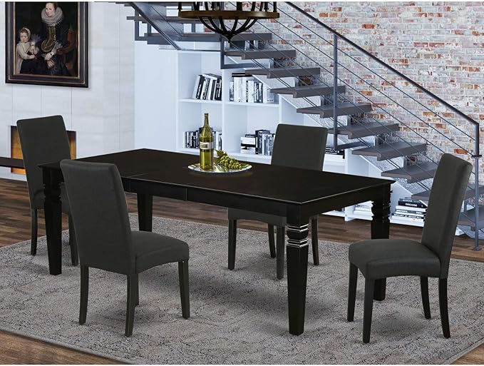 East West Furniture LGDR5-BLK-24 5 Piece Dining Set Includes a Rectangle Dining Room Table with Butterfly Leaf and 4 Black Color Linen Fabric Upholstered Chairs, 42x84 Inch, Black