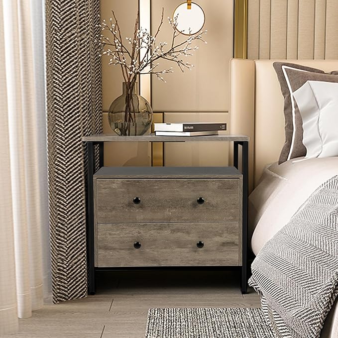 27 inch Wide Nightstand with Charging Station, Bedside Table with Open Shelf, 2 Drawers Small Wood Dresser, End Side Table for Bedroom (2 Pack,Rustic Gray)