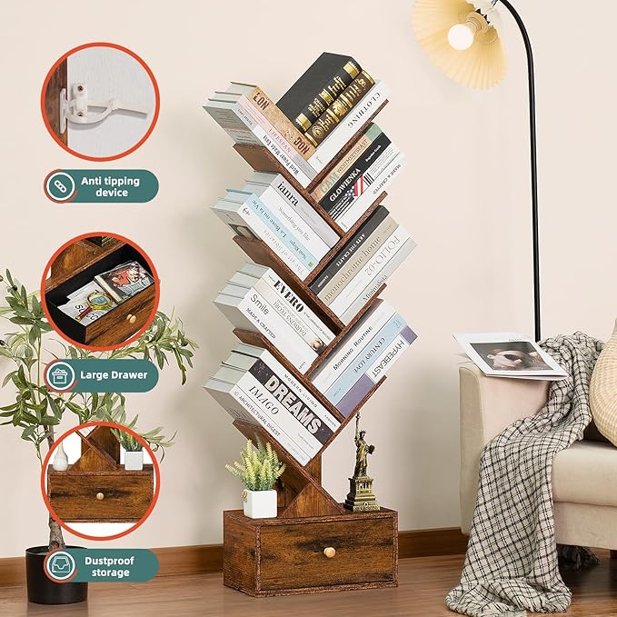 8 Tier Tree Bookshelf with Drawer, Free Standing Wood Bookcase for Narrow Space, Storage Organizer Bookshelves for Books, Book Case for Home Office, Living Room, Bedroom, Rustic Brown