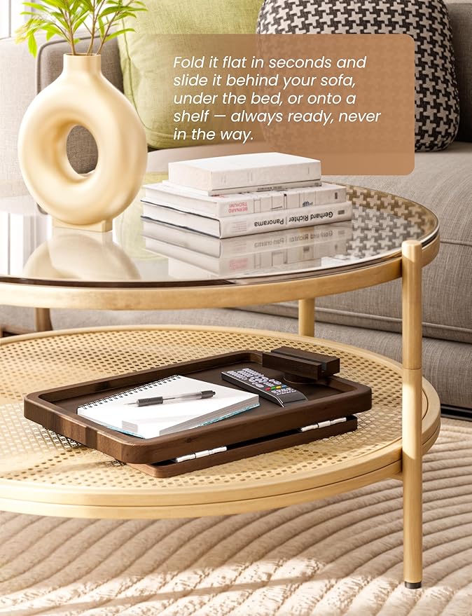 HOLANA 15.75" Acacia Couch Armrest Table - Wood Couch Arm Tray with Phone Holder – Sofa Side Table, Armchair Caddy, Sofa Arm Table for Home Sofa Living Room (Walnut)
