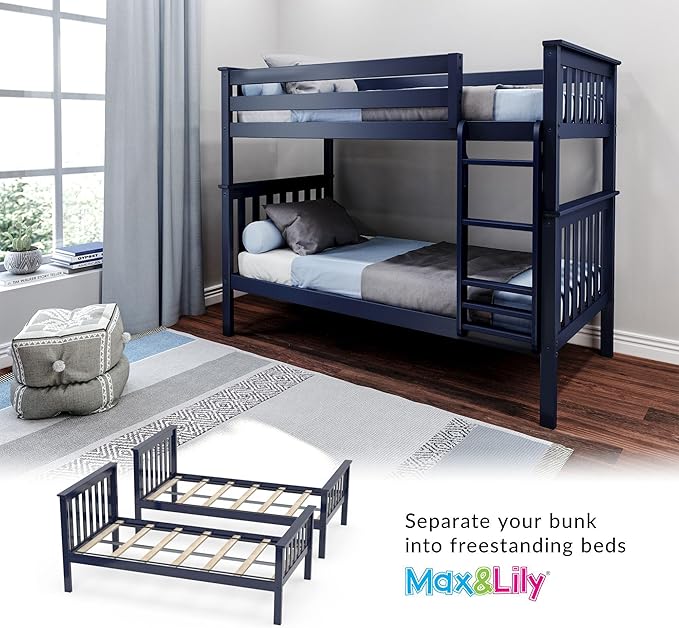 Max & Lily Bunk Bed Twin over Twin, Solid Wood Bunk Bed Frame with Ladder for Kids, 14" Safety Guardrails, Easy Assembly, No Box Spring Needed, Blue