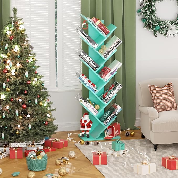 10 Tier Tree Book Shelf, Floor Standing Wood Bookshelf for Narrow Space, Storage Organizer Bookshelves for Books/CDs/Magazine, Bookcase with Shelves for Home Office, Living Room - Green