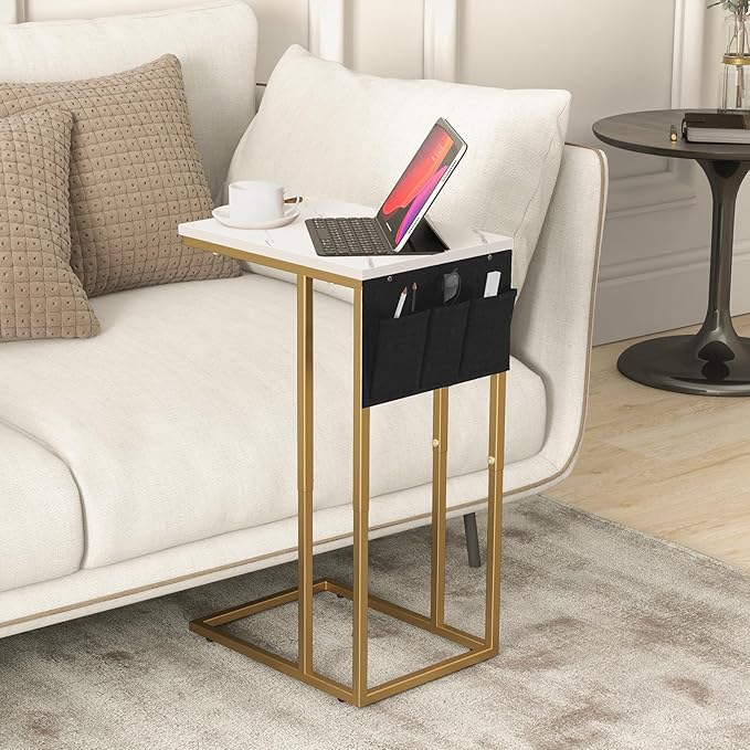 C Shaped End Table for Couch, Small Couch Side Table for Sofa, C Side Table with Storage Bag, TV Tray Table for Living Room, Bedside Table for Bedroom, Snack End Table for Couch, White