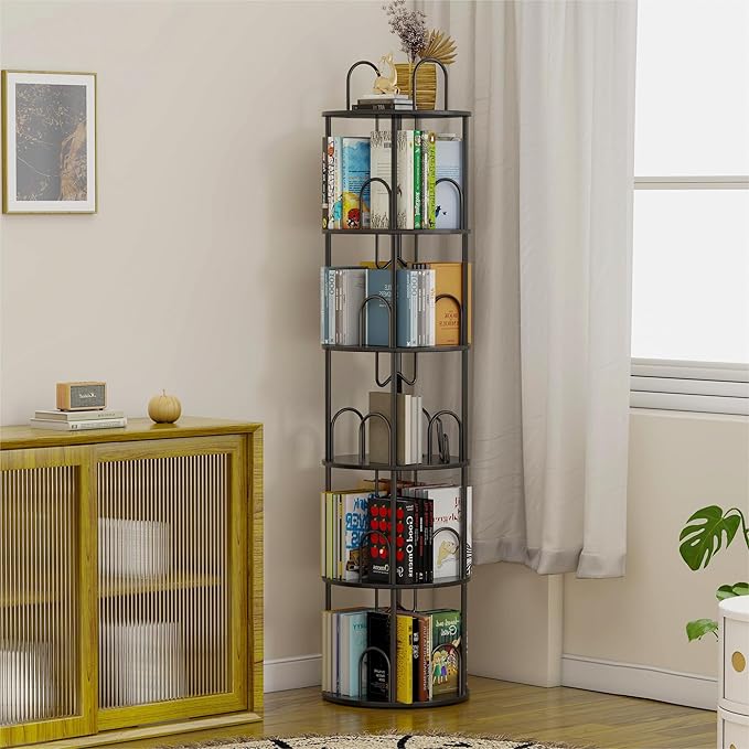 5 Tier Rotating Bookshelf, 360° Spinning Bookshelf Tower, Round Narrow Space Saving for Books and Display, Revolving Bookcase Corner Tall Book Shelf for Small Spaces, Bedroom, Living Room, Black