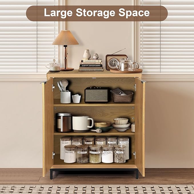 Buffet Cabinet with Storage Accent Sideboard Modern Credenza with 2 Doors & 3 Shelves Fluted Media Console for Living Room Kitchen Dining Room Hallway (Natural Oak)
