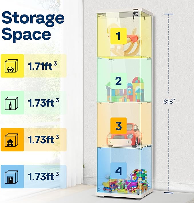 VIVOHOME 4 Layers 15.7''W x 15.7''D x 62.6''H Glass Display Cabinet Countertop Showcase with Lock, 5mm Tempered Glass 25mm MDF Base