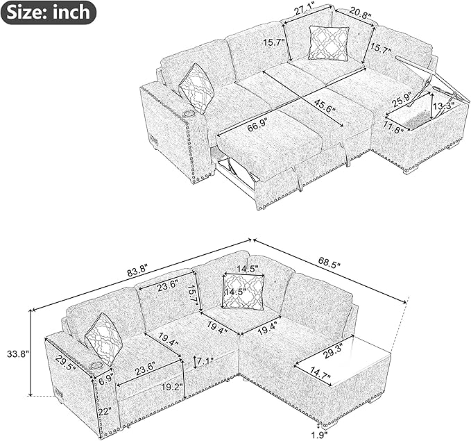 Merax Modern 83.8" Sectional Couch Bed with Storage Chaise/USB Ports/Cup Holder, L-Shape Pull Out Sleeper Sofa for Living Room, Black