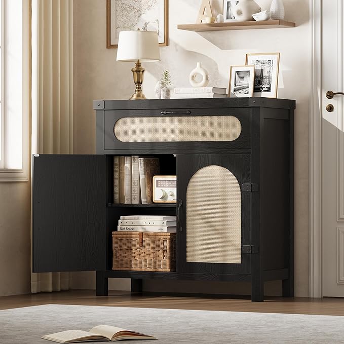 Garvee 29.9'' Small Rattan Buffet Cabinet with Storage, Kitchen Coffee Bar Cabinet with Doors and Drawer, Boho Farmhouse Sideboard with Adjustable Shelves and Handle for Living Room, Black
