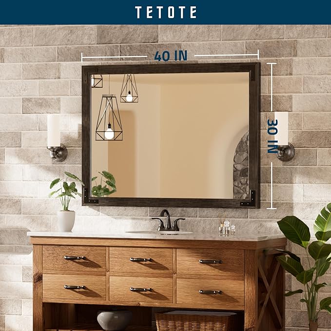 TETOTE 40 x 30 Black Wood Mirror for Bathroom Wall/Bedroom/Living Room/Entryway Farmhouse Rustic Bathroom Vanity Mirror Waterproof (Horizontal/Vertical Mounted)